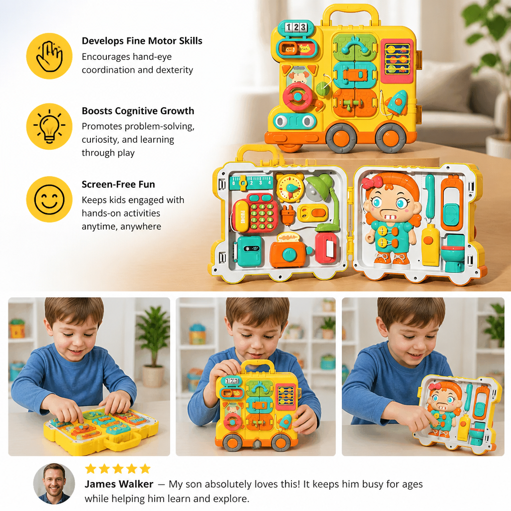 Kids Bus Busy Board Toy with Activities and Doll