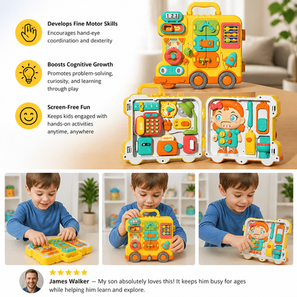 Kids Bus Busy Board Toy with Activities and Doll