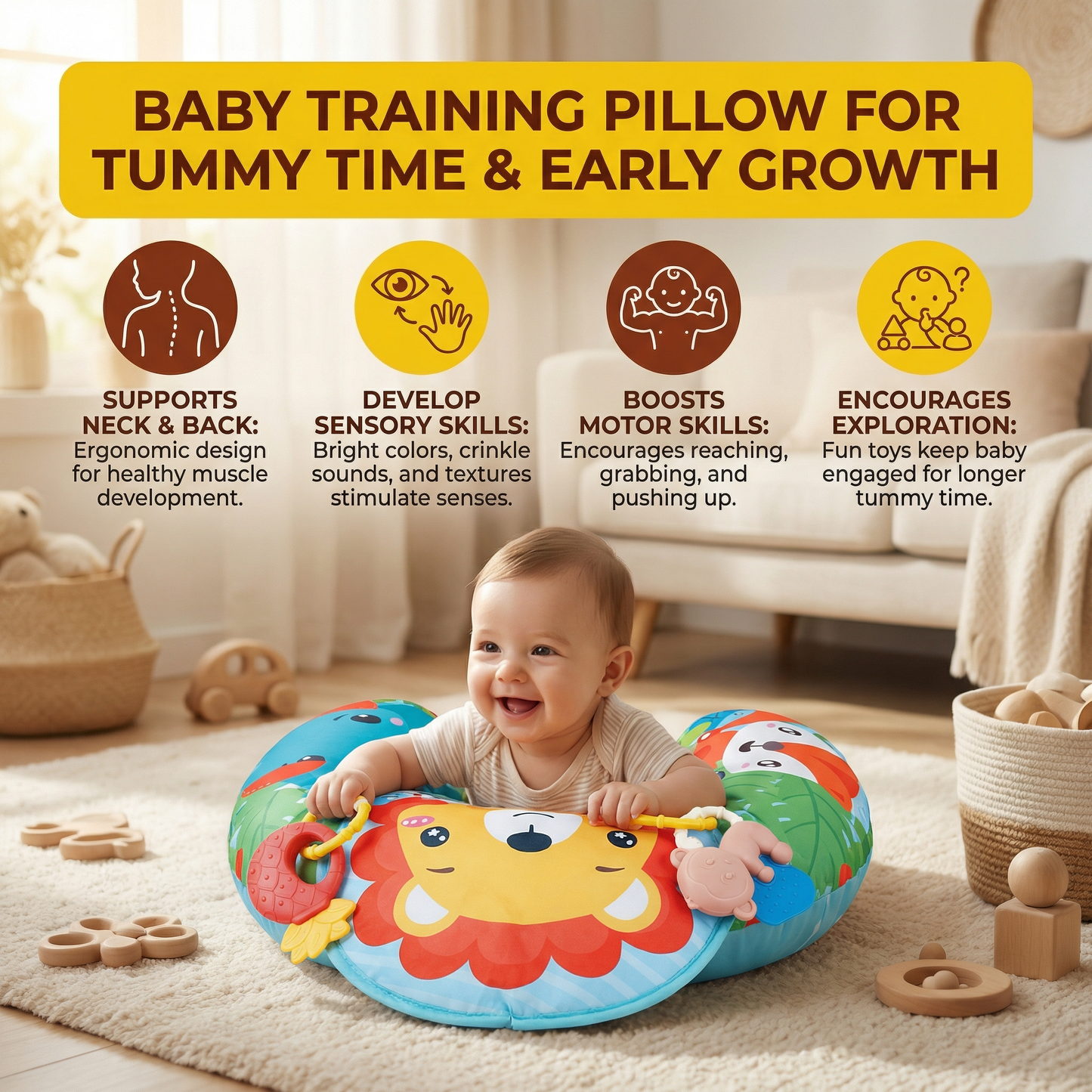 Baby Training Pillow for Tummy Time with Play Arch – Supports Sensory Development & Early Growth