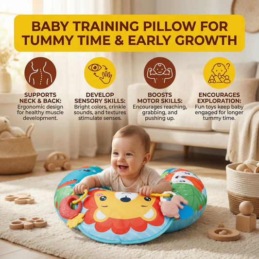 Baby Training Pillow for Tummy Time with Play Arch – Supports Sensory Development & Early Growth
