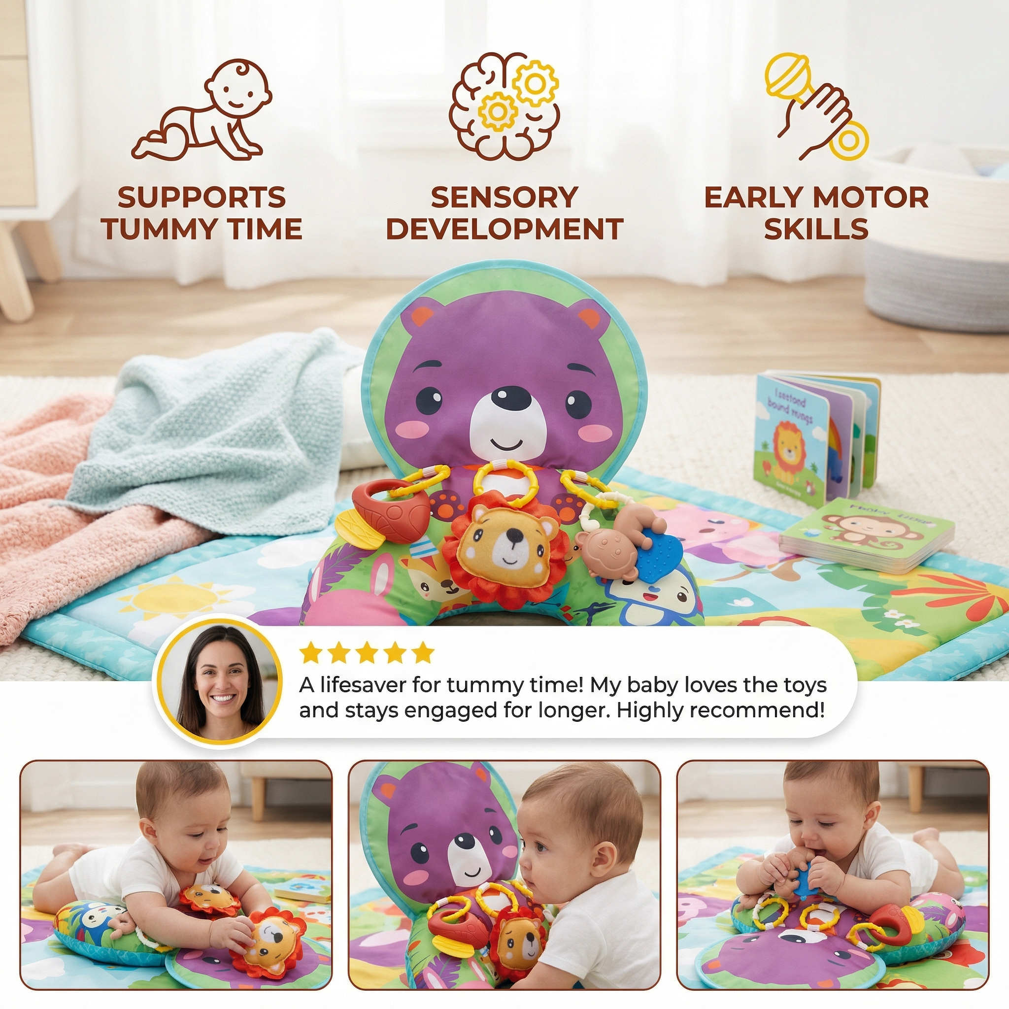 Baby Training Pillow for Tummy Time with Play Arch – Supports Sensory Development & Early Growth