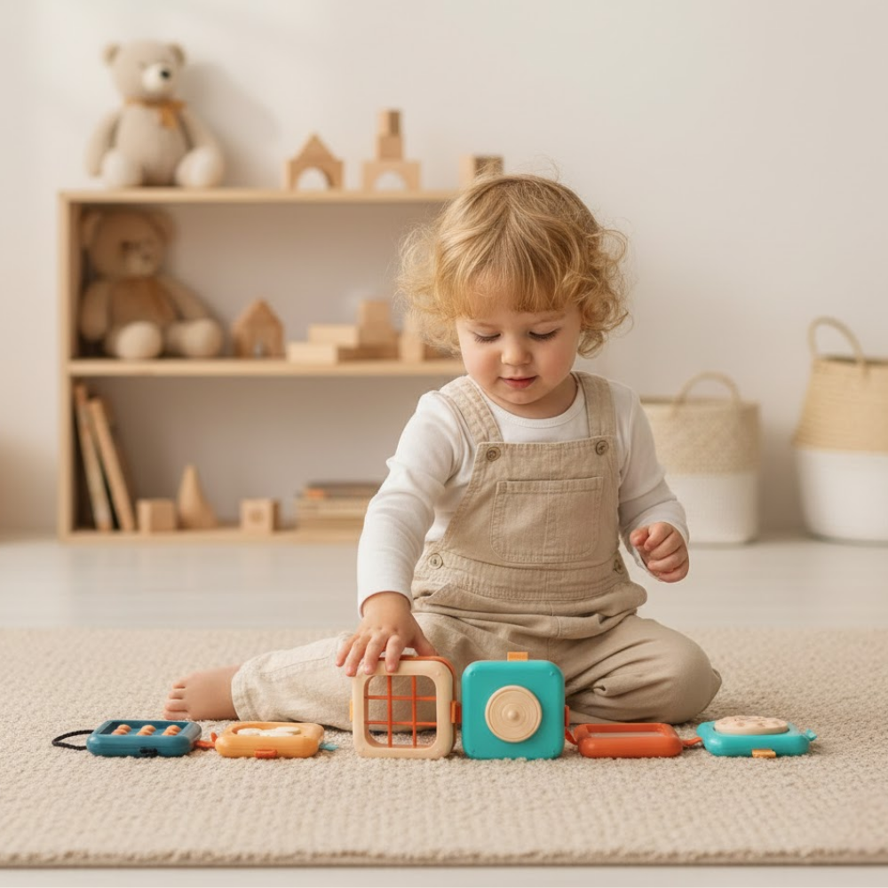 Montessori Activity Cube 7 in 1 – Sensory Busy Cube for Toddlers Ages 1+ – Travel Toy