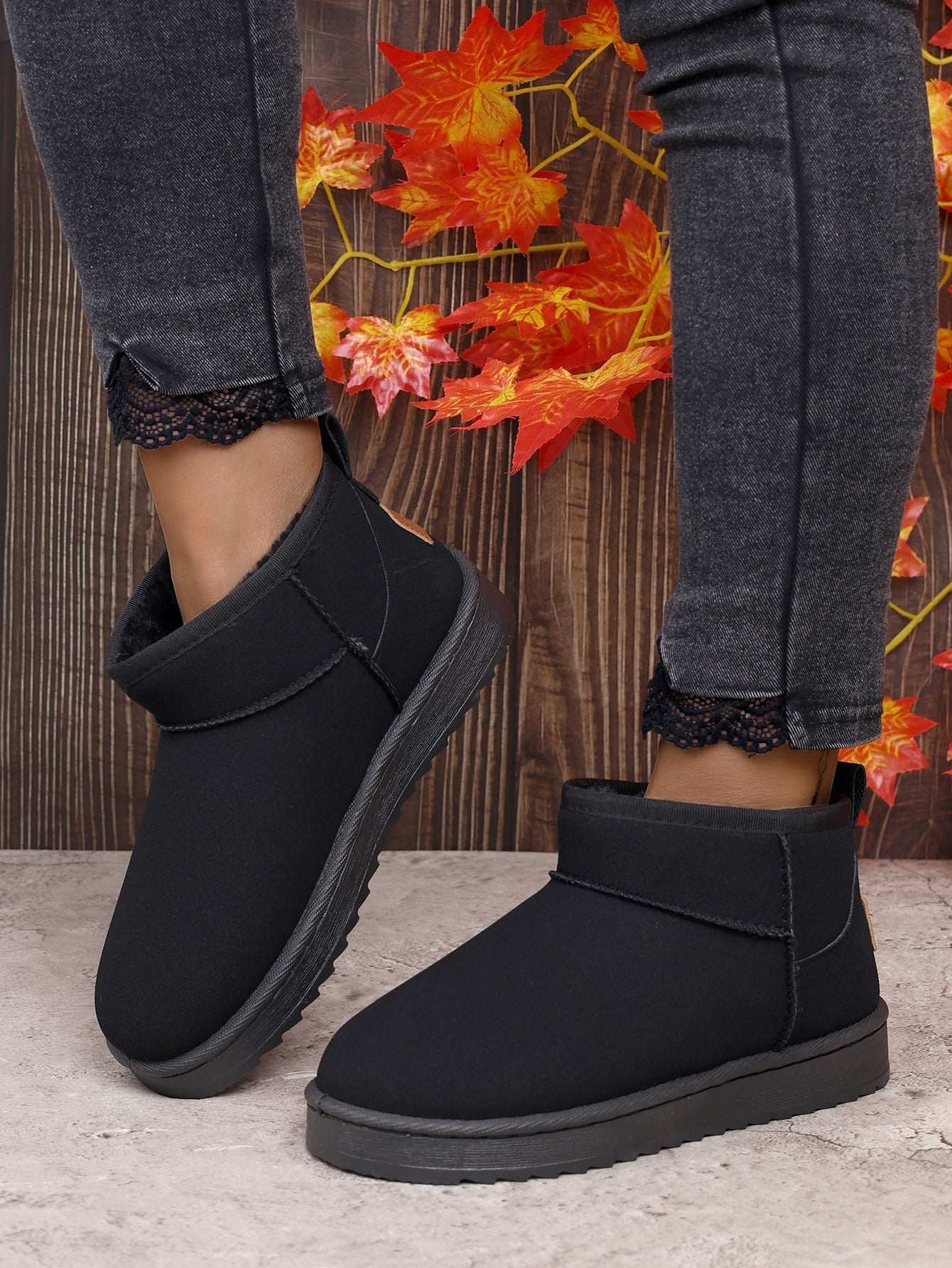 Women's Ultra Mini Platform Boots with Fur Lining – Black Ankle Booties for Winter Comfort