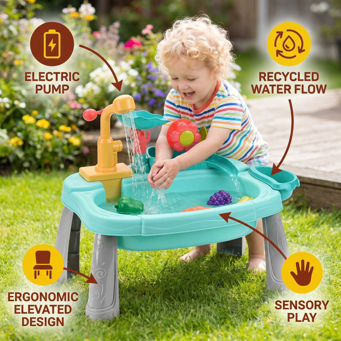 Ergonomic Elevated Kids Kitchen Sink Playset with Electric Running Water